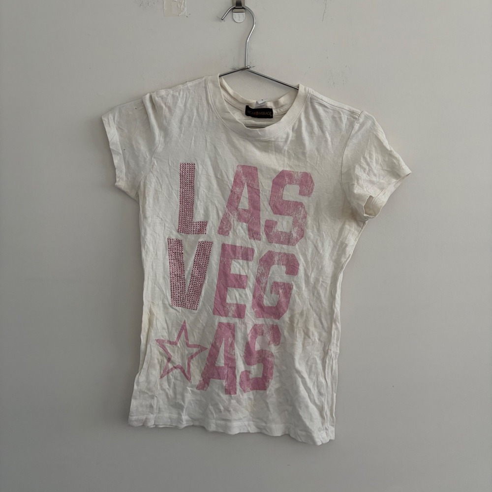 MGM Mirage Las Vegas Pink Rhinestone Graphic T-Shirt White Small